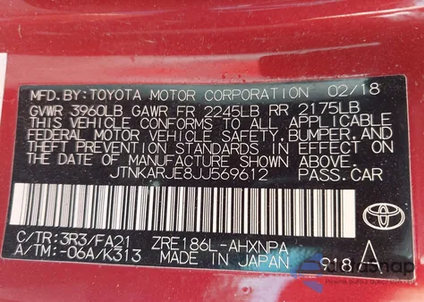 2018 Toyota Corolla Im z USA, uszkodzony, nr VIN JTNKARJE8JJ569612